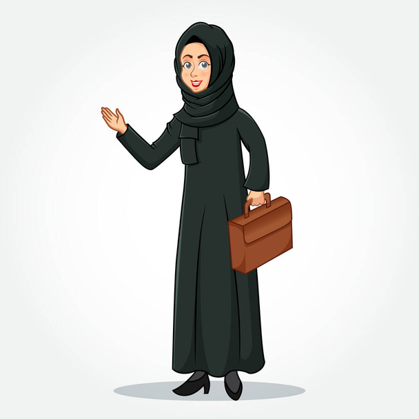 Árabe Empresaria personaje de dibujos animados en ropa tradicional que sostiene un maletín con manos acogedoras aisladas sobre fondo blanco - Vector, Imagen