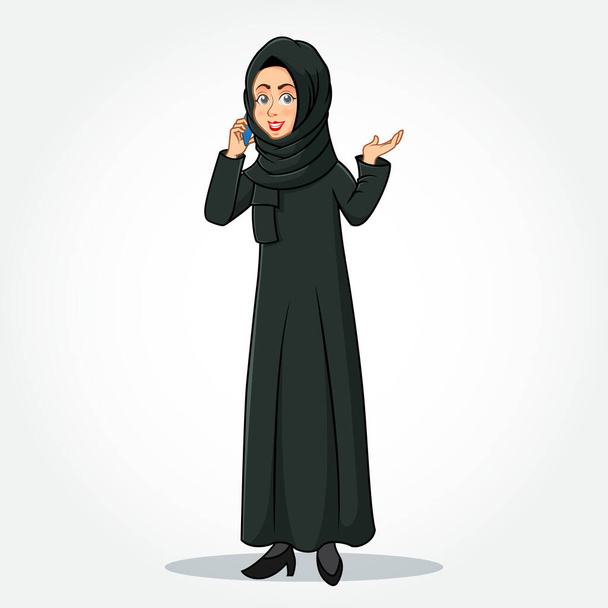 Arap iş kadını çizgi film karakteri geleneksel giysiler içinde akıllı telefondan konuşan ve beyaz arka planda izole edilmiş el hareketi yapan. - Vektör, Görsel