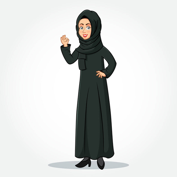 Arabe Businesswoman personnage de bande dessinée dans les vêtements traditionnels montrant OKAY / OK signe gestuel main isolée sur fond blanc - Vecteur, image