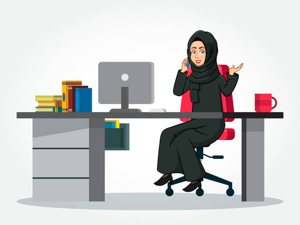 Arabe Businesswoman personnage de bande dessinée en vêtements traditionnels assis à son bureau, parlant sur smartphone et gestuelle main isolée sur fond blanc - Vecteur, image