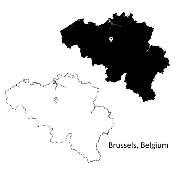 Brussels Belgium. Detailed Country Map with Location Pin on Belgian Capital City. Black silhouette and outline maps isolated on white background. EPS Vector - Vector, Image