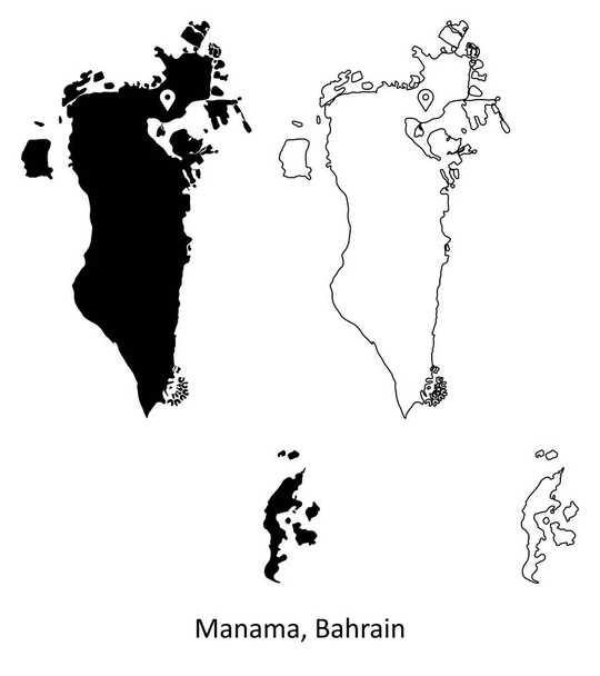 Manama Bahrain. Detaillierte Landkarte mit Hauptstadt-Standort-Pin. Schwarze Silhouette und Umrisskarten isoliert auf weißem Hintergrund. EPS-Vektor - Vektor, Bild
