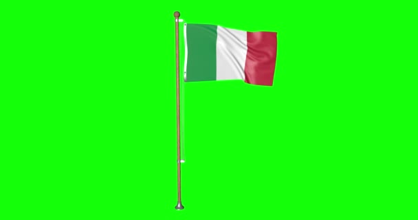 Зелений екранний гіпер реалістичний петльовий прапор Італії з флагштоком розмахуючи у вітровому італійському прапорі флагман пурхаючи анімації 3d 4k - Кадри, відео