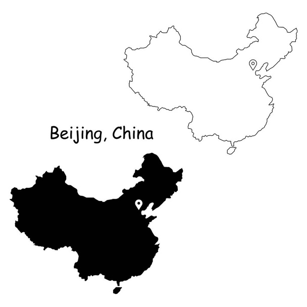 Пекінський Китай. Detailed Country Map with Location Pin on Capital City Чорний силует і карти контурів ізольовані на білому тлі. EPS Vector - Вектор, зображення