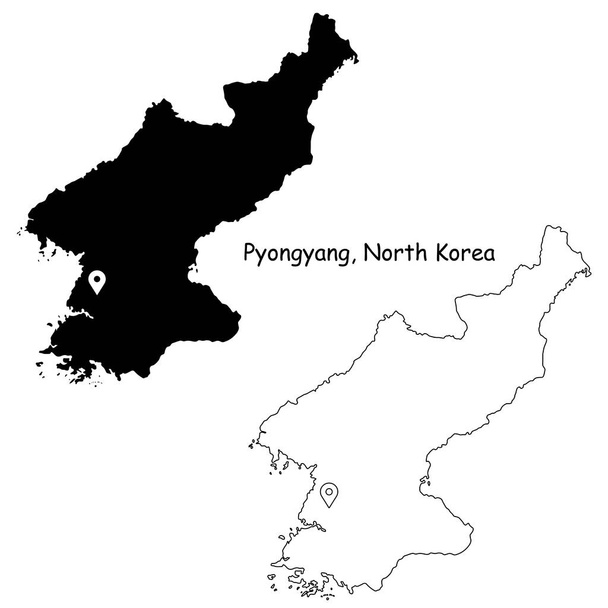 Северная Корея Пхеньяна. Подробная карта страны со штырем-локировкой на столице. Черный силуэт и контур карты изолированы на белом фоне. Вектор EPS - Вектор,изображение