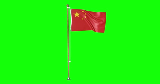 Зеленый экран хипстерского реалистического флага Китая с развевающимся на ветру флагштоком китайского флага, развевающегося над анимацией 3d 4k - Кадры, видео