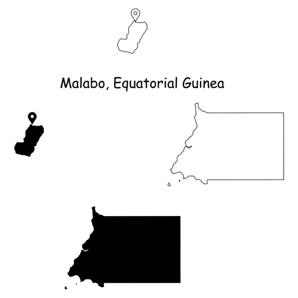 Malabo Equatorial Guinea. Detailed Country Map with Location Pin on Capital City. Black silhouette and outline maps isolated on white background. EPS Vector - Vector, Image