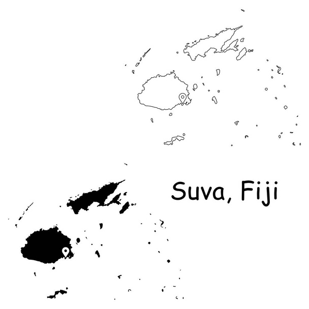 Suva Fidji. Carte détaillée du pays avec épinglette de localisation sur la capitale. Silhouette noire et cartes de contour isolées sur fond blanc. Vecteur EPS - Vecteur, image