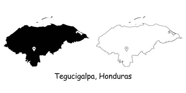 Tegucigalpa Honduras. Mapa detallado del país con el Pin de Ubicación en Capital City. Silueta negra y mapas de contorno aislados sobre fondo blanco. Vector EPS - Vector, Imagen