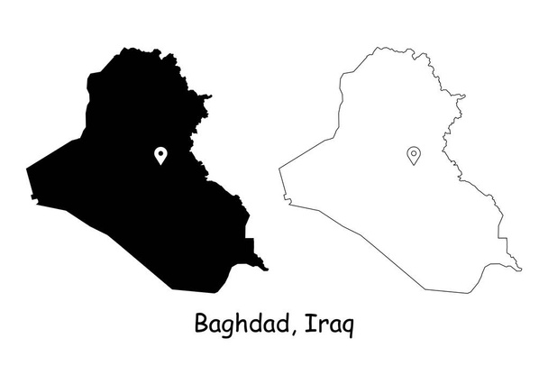 Ирак в Багдаде. Подробная карта страны со штырем-локировкой на столице. Черный силуэт и контур карты изолированы на белом фоне. Вектор EPS - Вектор,изображение