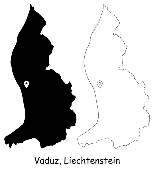 Vaduz Liechtenstein. Carte détaillée du pays avec épinglette de localisation sur la capitale. Silhouette noire et cartes de contour isolées sur fond blanc. Vecteur EPS - Vecteur, image