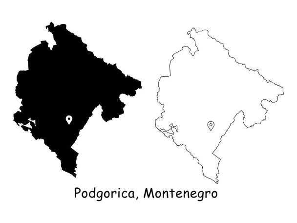 Podgorica, Montenegro. Mapa detallado del país con el Pin de Ubicación en Capital City. Silueta negra y mapas de contorno aislados sobre fondo blanco. Vector EPS - Vector, Imagen