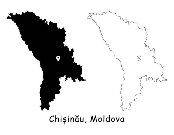 Chisinau, Moldova. Detailed Country Map with Location Pin on Capital City. Black silhouette and outline maps isolated on white background. EPS Vector - Vector, Image