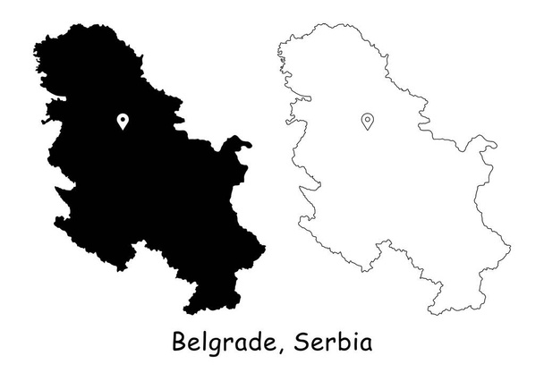 Белград, Сербия. Подробная карта страны со штырем-локировкой на столице. Черный силуэт и контур карты изолированы на белом фоне. Вектор EPS - Вектор,изображение