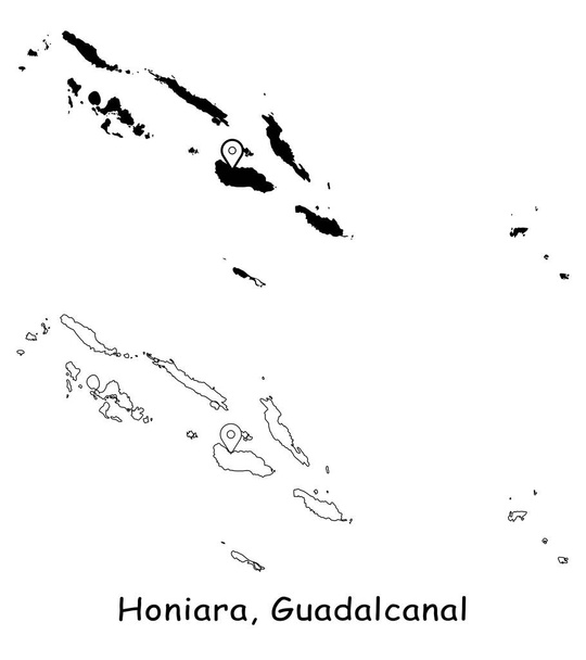 Honiara, Solomon Islands. Detailed Country Map with Location Pin on Capital City. Black silhouette and outline maps isolated on white background. EPS Vector - Vector, Image