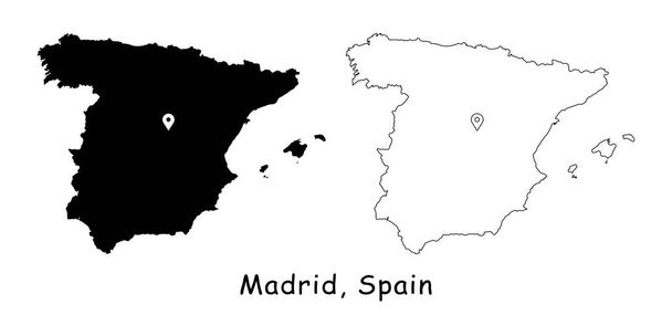 Madrid, Spain. Detailed Country Map with Location Pin on Capital City. Black silhouette and outline maps isolated on white background. EPS Vector - Vector, Image