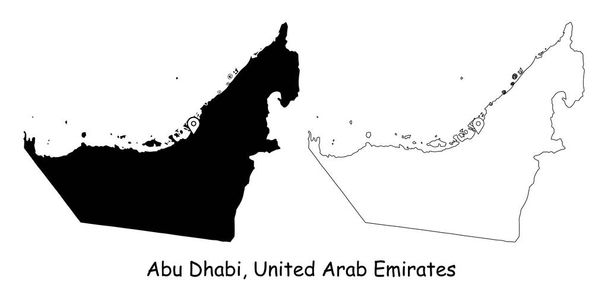 Abu Dhabi, Émirats arabes unis. Carte détaillée du pays avec épinglette de localisation sur la capitale. Silhouette noire et cartes de contour isolées sur fond blanc. Vecteur EPS - Vecteur, image