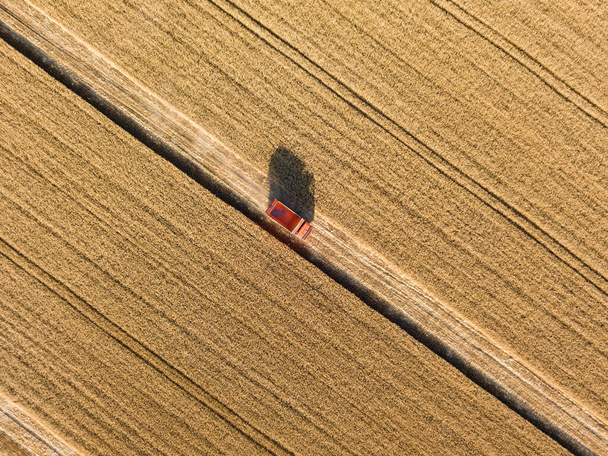 Вид с воздушного беспилотника. Грузовик с зерном на спелых пшеничных полях Украины. - Фото, изображение