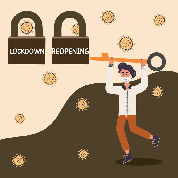 The man wearing face mask and carrying a key for open two padlock. After coronavirus covid-19 lockdown. Reopen company, restart business, return to normal operation. Vector illustration in flat cartoon design. - Vector, Image