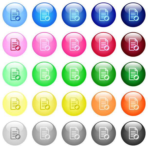 Tagging document icons in set of 25 color glossy spherical buttons - Vector, Image