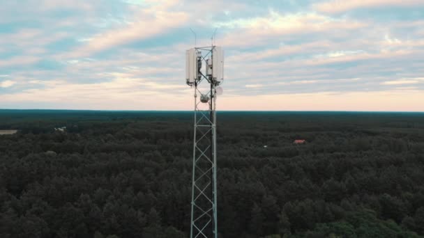 Πύργος με κεραίες 5g που υψώνονται πάνω από το δάσος. Τηλεπικοινωνιακή έννοια - Πλάνα, βίντεο