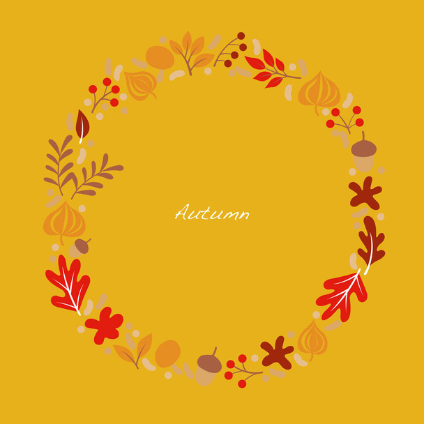 Platte eiken bladeren, bloemen, varens, noten en bessen frame vector op gele achtergrond voor decoratie op herfst seizoen festival en Thanksgiving. - Vector, afbeelding