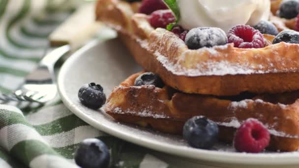 Belgian waffles on plate with ice cream - Filmmaterial, Video