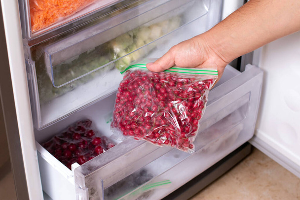 Человек берет пластиковый пакет с красной смородиной из холодильника, крупным планом - Фото, изображение
