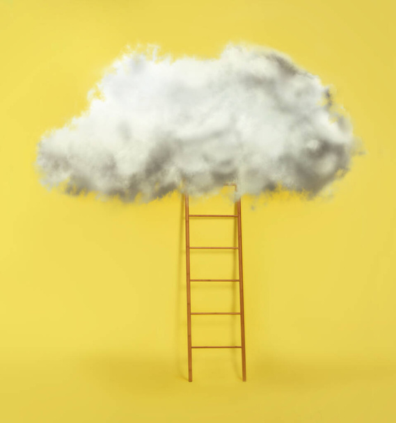 Wooden ladder with cloud on yellow background. Conceptual design  - Zdjęcie, obraz