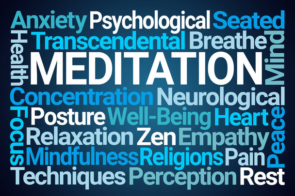 Meditation Word Cloud auf blauem Hintergrund - Foto, Bild