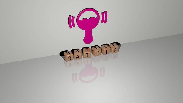 3D illustration of rattle graphics and text made by metallic dice letters for the related meanings of the concept and presentations. baby and child - Photo, Image
