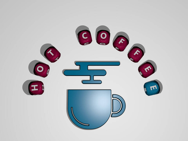 Representación 3D de HOT COFFEE con icono en la pared y texto dispuesto por letras cúbicas metálicas en un piso espejo para el significado del concepto y presentación de diapositivas. fondo e ilustración - Foto, imagen