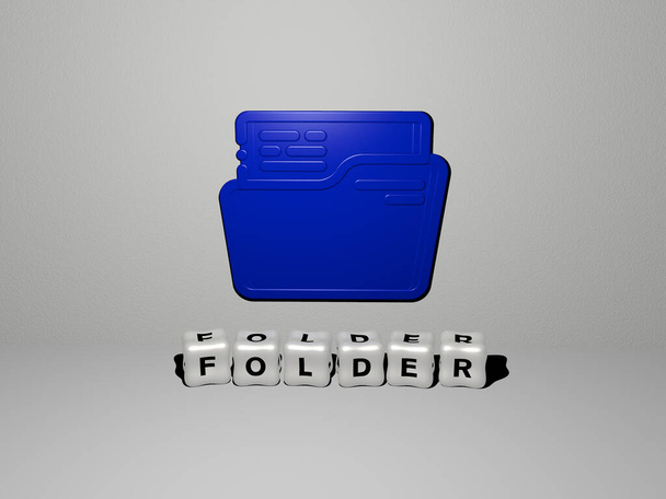 3D edustus FOLDER kuvaketta seinällä ja tekstin järjestetty metallinen kuutiometriä kirjaimia peililattialla käsitteen merkitys ja diaesitys esitys. kuva ja liiketoiminta - Valokuva, kuva