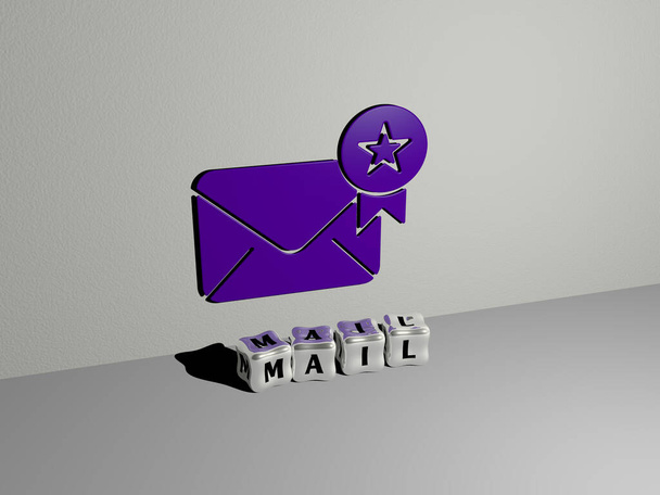 3D illustratie van MAIL graphics en tekst gemaakt door metalen dobbelstenen letters voor de bijbehorende betekenissen van het concept en presentaties. pictogram en enveloppe - Foto, afbeelding