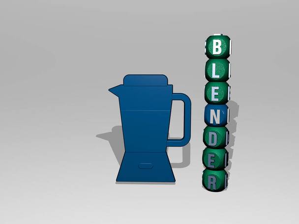 Rappresentazione 3D di BLENDER con icona a parete e testo disposto a lettere cubiche metalliche su un pavimento a specchio per il significato concettuale e la presentazione di slideshow. illustrazione e sfondo - Foto, immagini