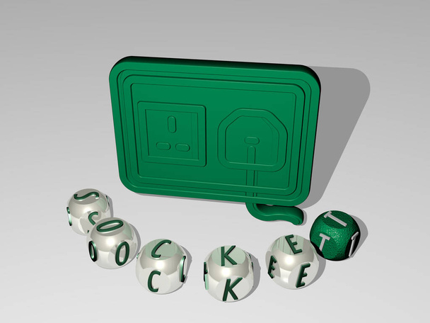 3D illustratie van socket graphics en tekst rond het icoon gemaakt door metalen dobbelstenen letters voor de gerelateerde betekenissen van het concept en presentaties. achtergrond en elektrisch - Foto, afbeelding