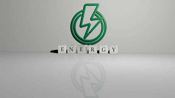 3D representation of energy with icon on the wall and text arranged by metallic cubic letters on a mirror floor for concept meaning and slideshow presentation. background and illustration - Photo, Image