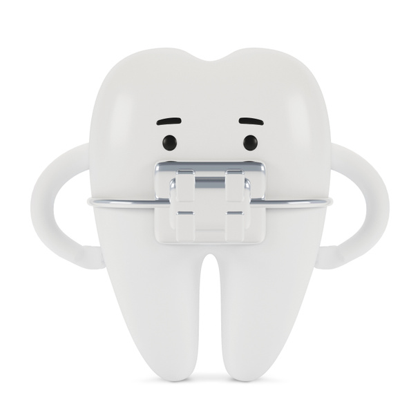 Diente con tirantes personaje de dibujos animados. Concepto de examen dental de dientes, salud e higiene dental. Ilustración 3D. - Foto, Imagen