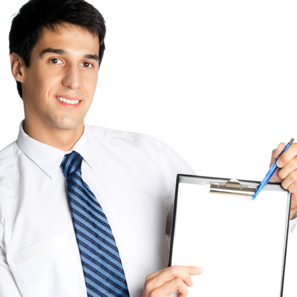 Businessman showing blank clipboard, isolated - Фото, зображення
