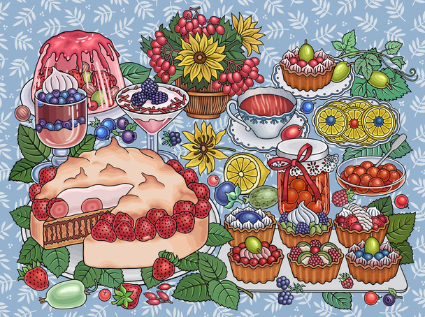Tarte, baies, fruits dessinés à la main illustration - Vecteur, image