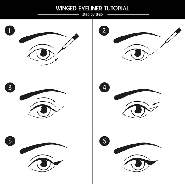 Βήμα-βήμα οδηγίες για το πώς να χρησιμοποιήσετε και να εφαρμόσετε το eyeliner. Εικονίδια διανυσματικών ματιών. Winged εγχειρίδιο eyeliner σε λευκό φόντο - Διάνυσμα, εικόνα