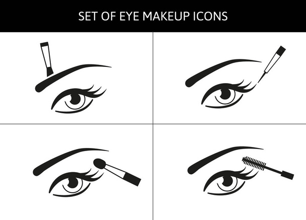 Conjunto de ícones de olho vetorial com diferentes escovas para maquiagem. Aplicação de produtos de beleza e cosméticos ilustração plana
 - Vetor, Imagem