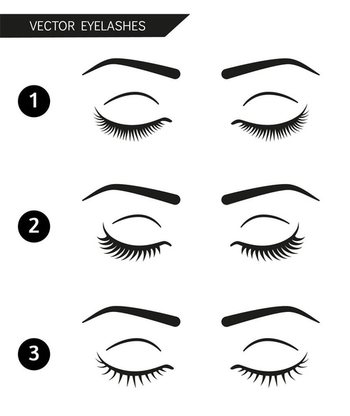 Set of different beautiful vector eyelashes and eyebrows. Closed eyes simple illustration on white background - Vector, Image