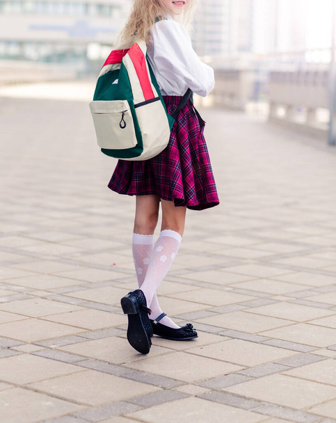 Tyttö koulupuvussa reppu selässä seisoo selkä kameraan päin. Pystysuora valokuva - Valokuva, kuva