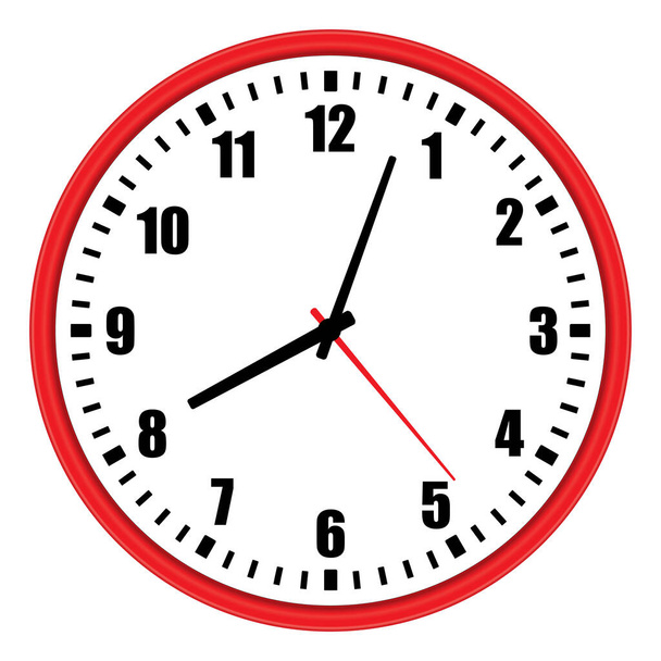 Beyaz arkaplan üzerinde Arap rakamları olan modern bir kırmızı duvar saatinin vektör çizimi, düşük açılı ön görünüm - Vektör, Görsel