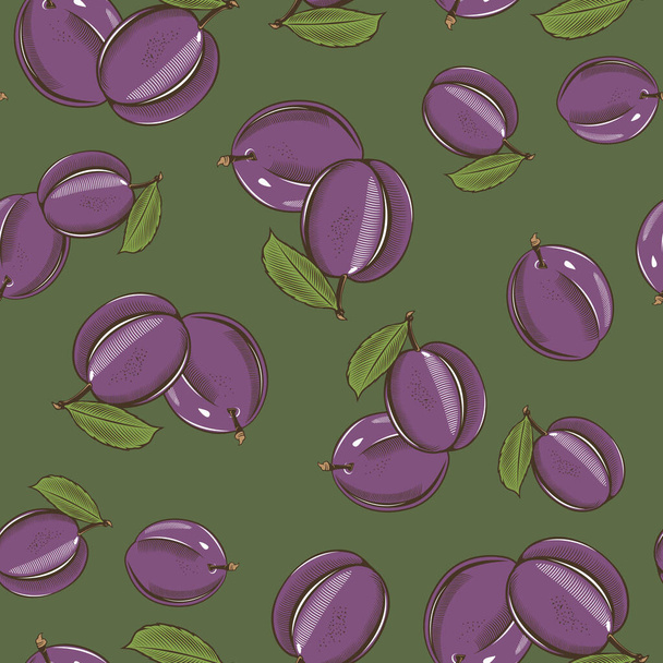 Seamless pattern with plums on a green background in vintage style - Vector, Image
