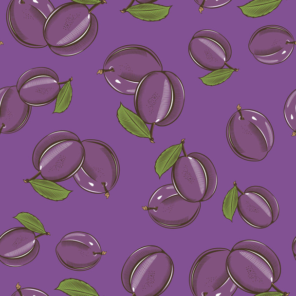 Seamless pattern with plums on a violet background in vintage style - Διάνυσμα, εικόνα