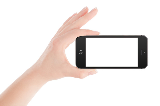 Жіноча рука тримає чорний смартфон в орієнтації ландшафту
 - Фото, зображення