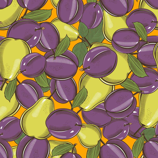 Colored seamless pattern with plums and pears in vintage style - Διάνυσμα, εικόνα