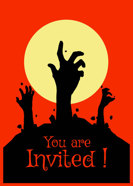 Ilustración vectorial, Estilo plano, Fondo de Halloween horror, silueta de manos de zombi salir del suelo o el cementerio en la parte superior hay una luna llena, puede utilizar para la tarjeta, cartel, bandera, invitación - Vector, imagen